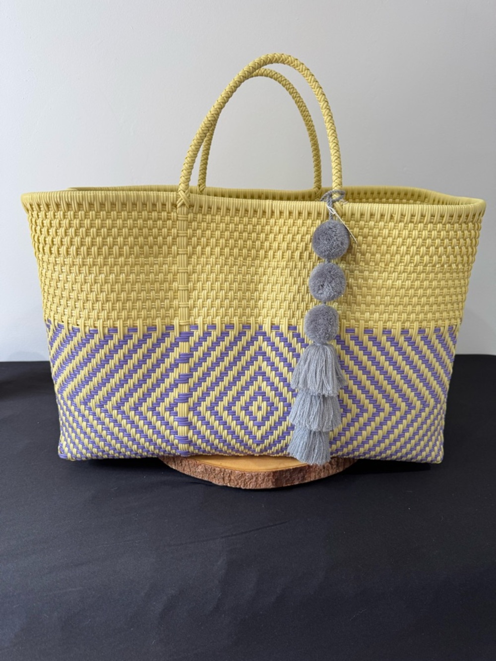 Handmade Woven Yellow & Lilac Tote Bag with Tassel